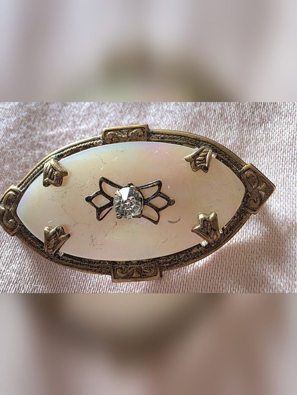 Antique Art Nouveau Brooch Pin Mother Of Pearl 10k Gold Filled Fleur De Lis 1.5"